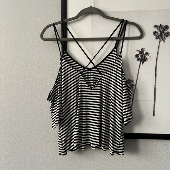 Urban Outfitters | EUC Off Shoulder Short Sleeve Crop Top in Black/White Medium - Picture 5 of 6